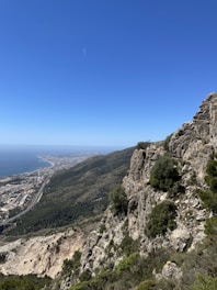 A stunning panoramic view of San Carlos coastline with blue sea and rugged mountains under a clear sky.