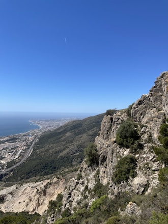 A stunning panoramic view of San Carlos coastline with blue sea and rugged mountains under a clear sky.