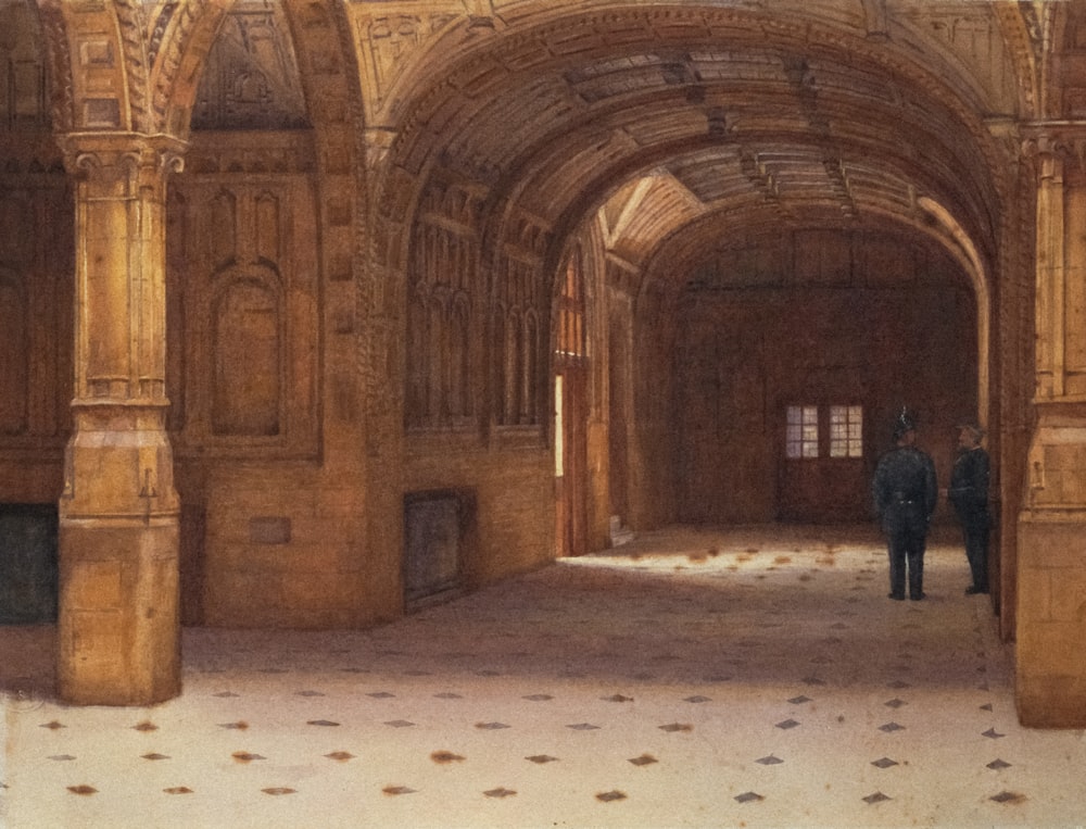 a painting of two people walking through a building