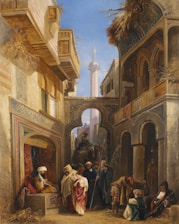 A bustling Middle Eastern street scene features a variety of people in traditional attire. An intricate architectural setting with arches and balconies frames the view. The scene is lively, with people engaging with each other and moving through the space. A notable tower rises in the background under a clear blue sky.
