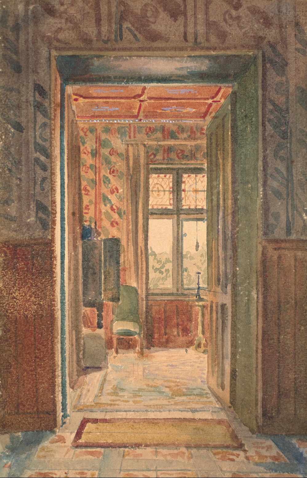 a painting of a room with a chair and a rug