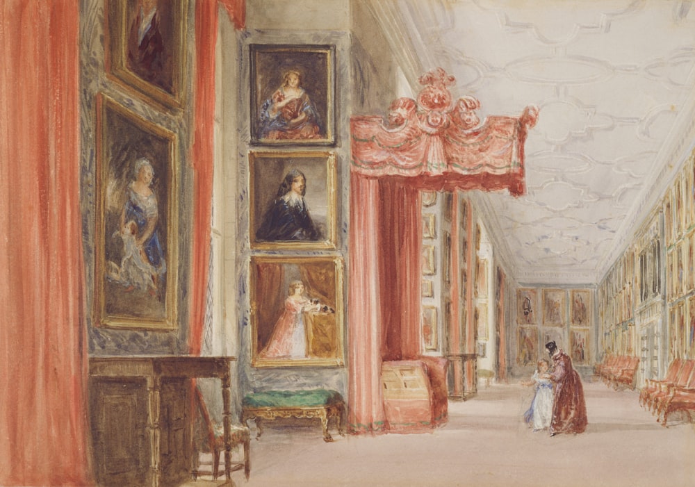 a painting of a room with paintings on the walls