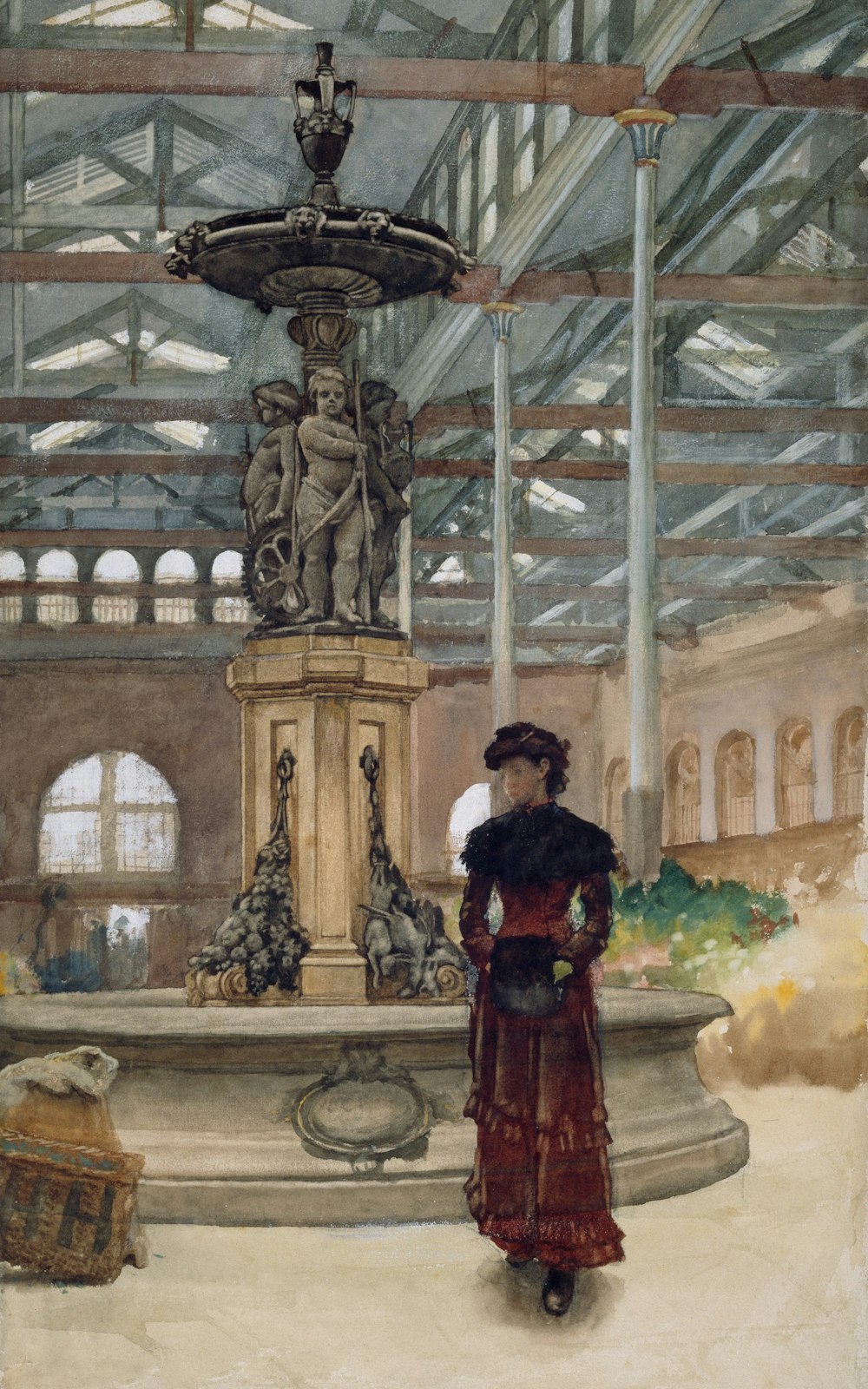 uma pintura de uma mulher em frente a uma fonte