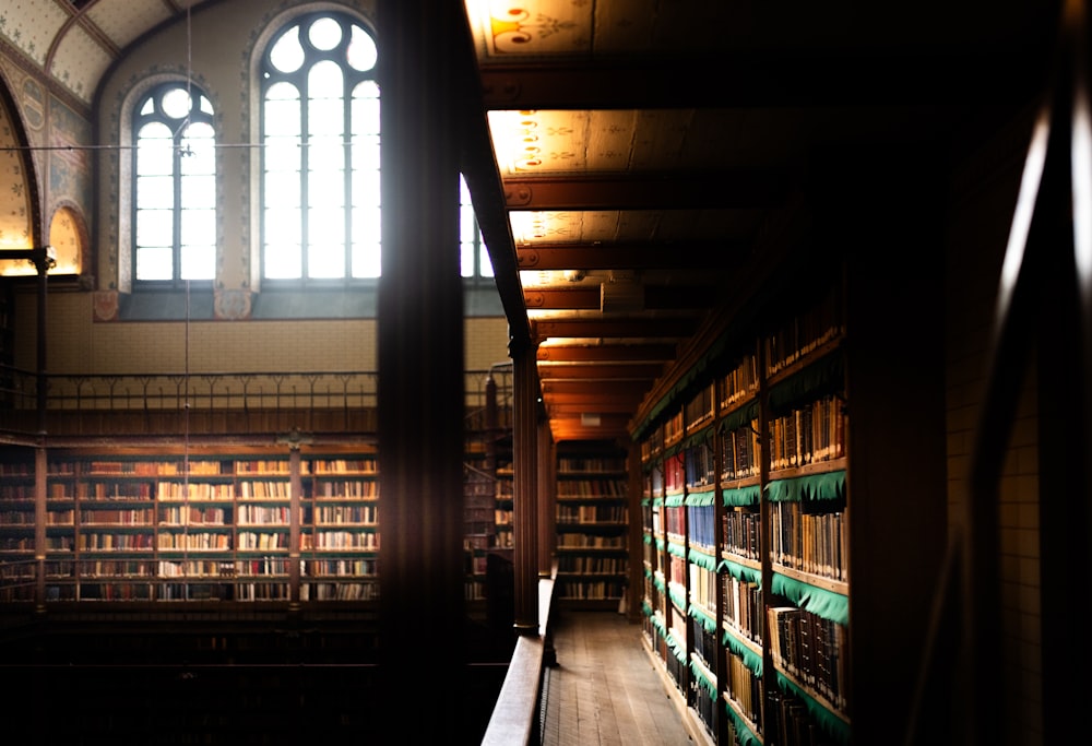 a long row of books in a library