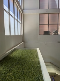 An indoor area with a large vertical garden wall covered in green foliage. The space is brightly lit by natural light coming through tall, frosted windows on the left and opposite walls. The walls are white, giving the area a clean and modern look. There are stairs visible on the right side leading to another level.