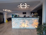 A modern reception area with a marble desk illuminated from below. The ceiling features unique, abstract light fixtures that resemble cloud shapes. There is a person behind the desk, seemingly working on a computer. To the right of the desk are some decorative items, including a plant, and a rack with informational flyers or brochures. There is a caution sign on the left side of the image and comfortable seating is visible in the background.