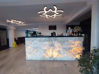 A modern reception area with a marble desk illuminated from below. The ceiling features unique, abstract light fixtures that resemble cloud shapes. There is a person behind the desk, seemingly working on a computer. To the right of the desk are some decorative items, including a plant, and a rack with informational flyers or brochures. There is a caution sign on the left side of the image and comfortable seating is visible in the background.