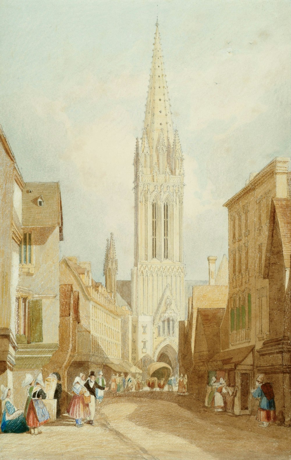 uma pintura de uma rua da cidade com uma igreja ao fundo