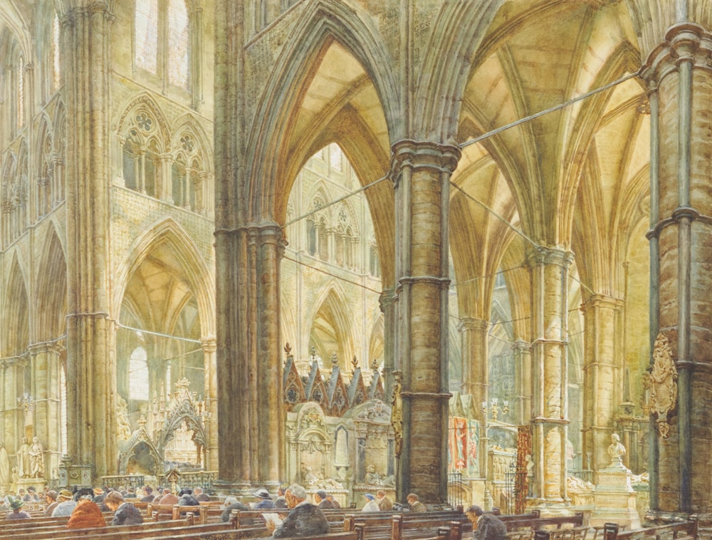 a painting of a church filled with people