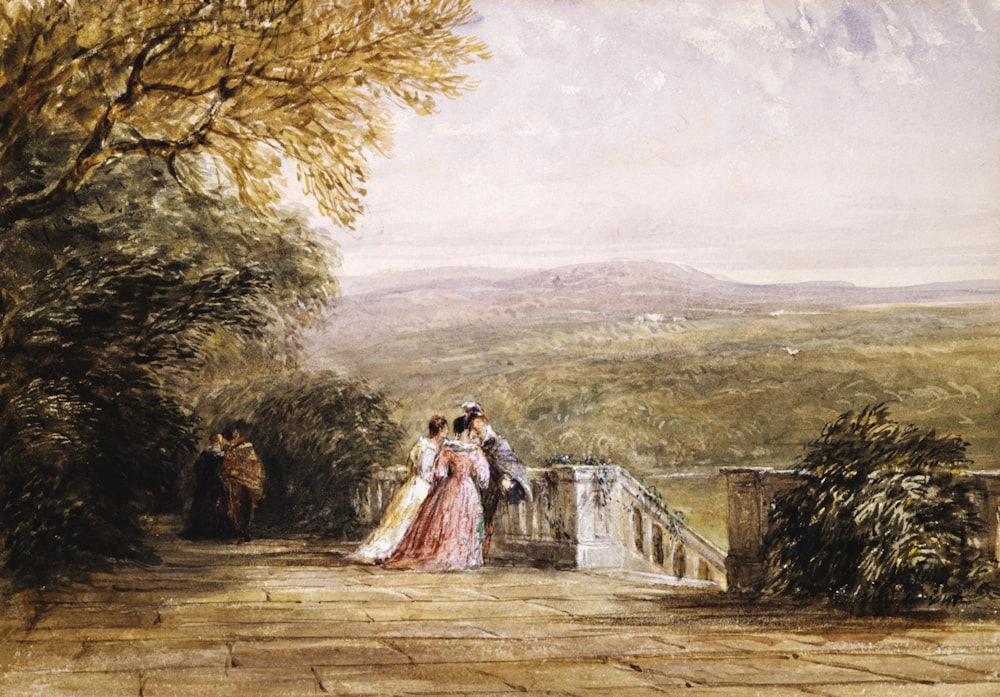 a painting of two people standing on a bridge