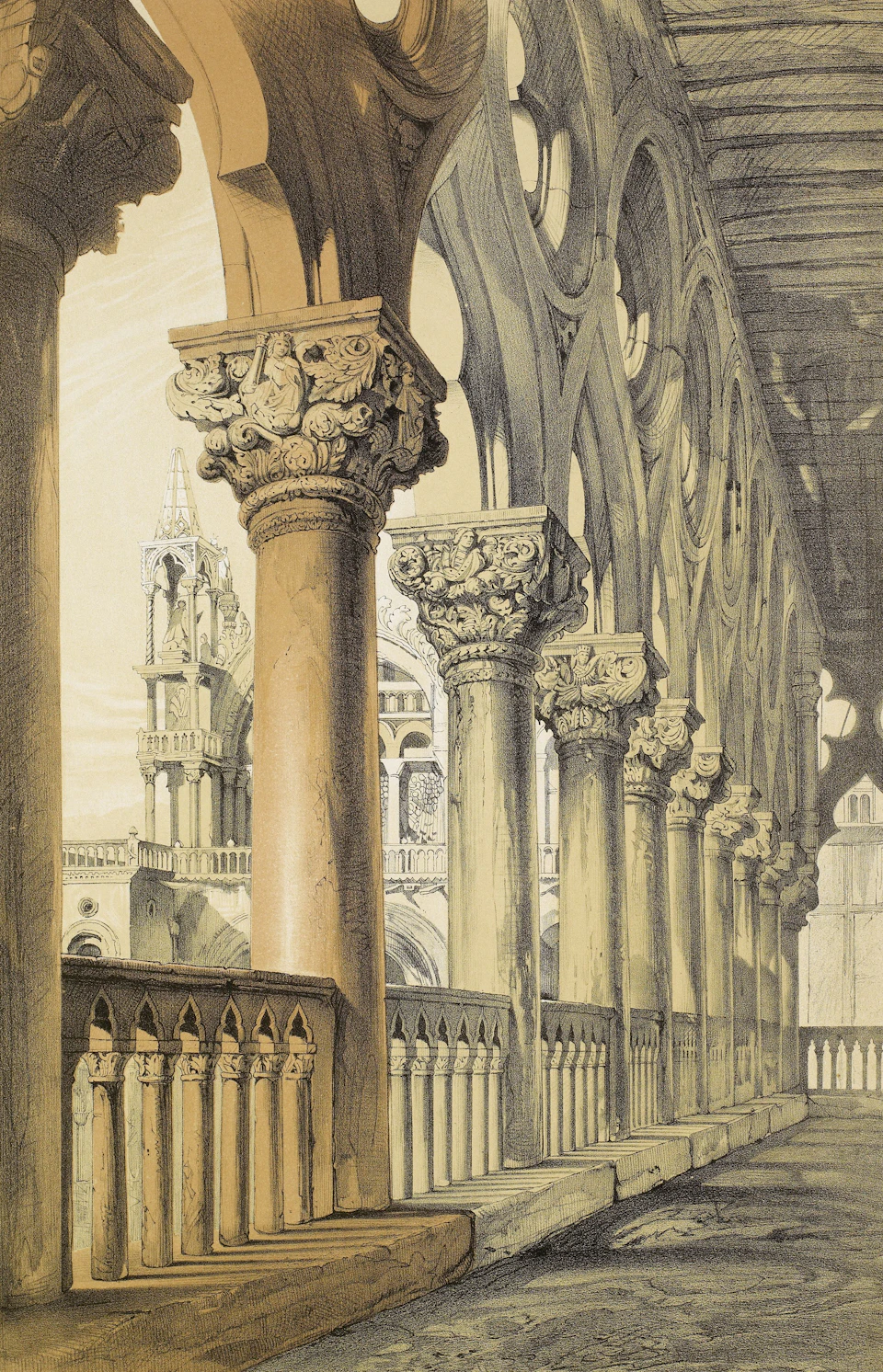 Long, narrow hallway with ornate stone columns and intricate carvings in soft light