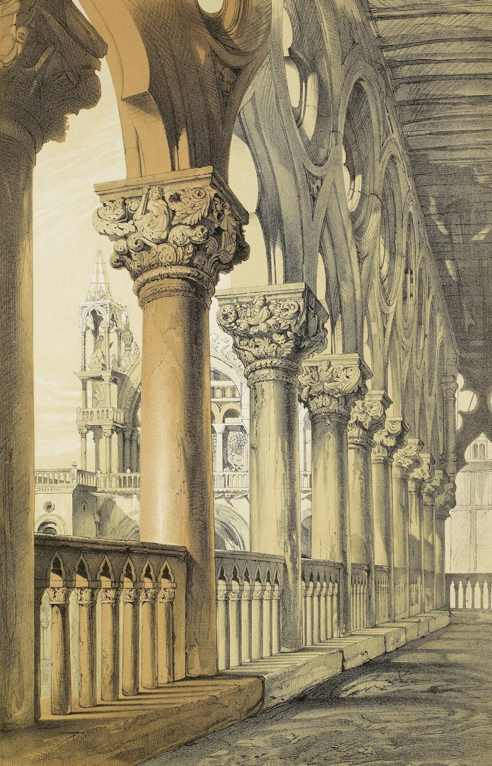 a drawing of a building with columns and arches