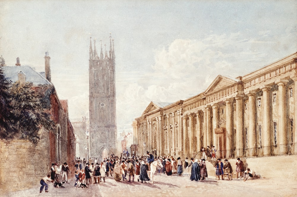 a painting of a crowd of people walking down a street