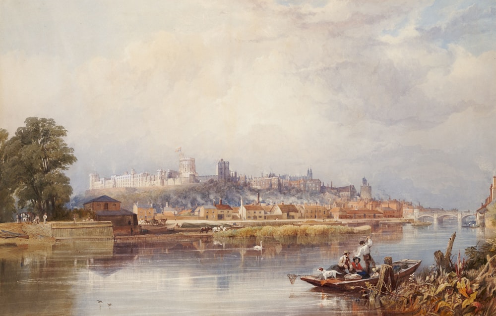 a painting of a river with a castle in the background