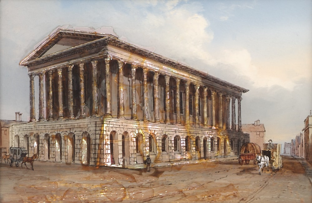 a painting of an old building with a horse and buggy in front of it