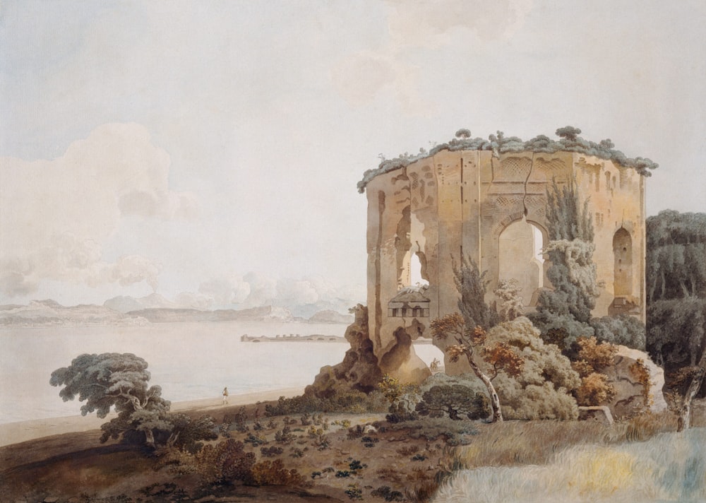 a painting of a castle near a body of water