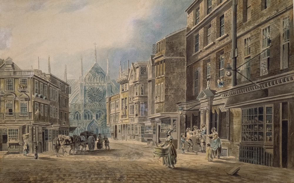 a painting of a city street with a horse drawn carriage