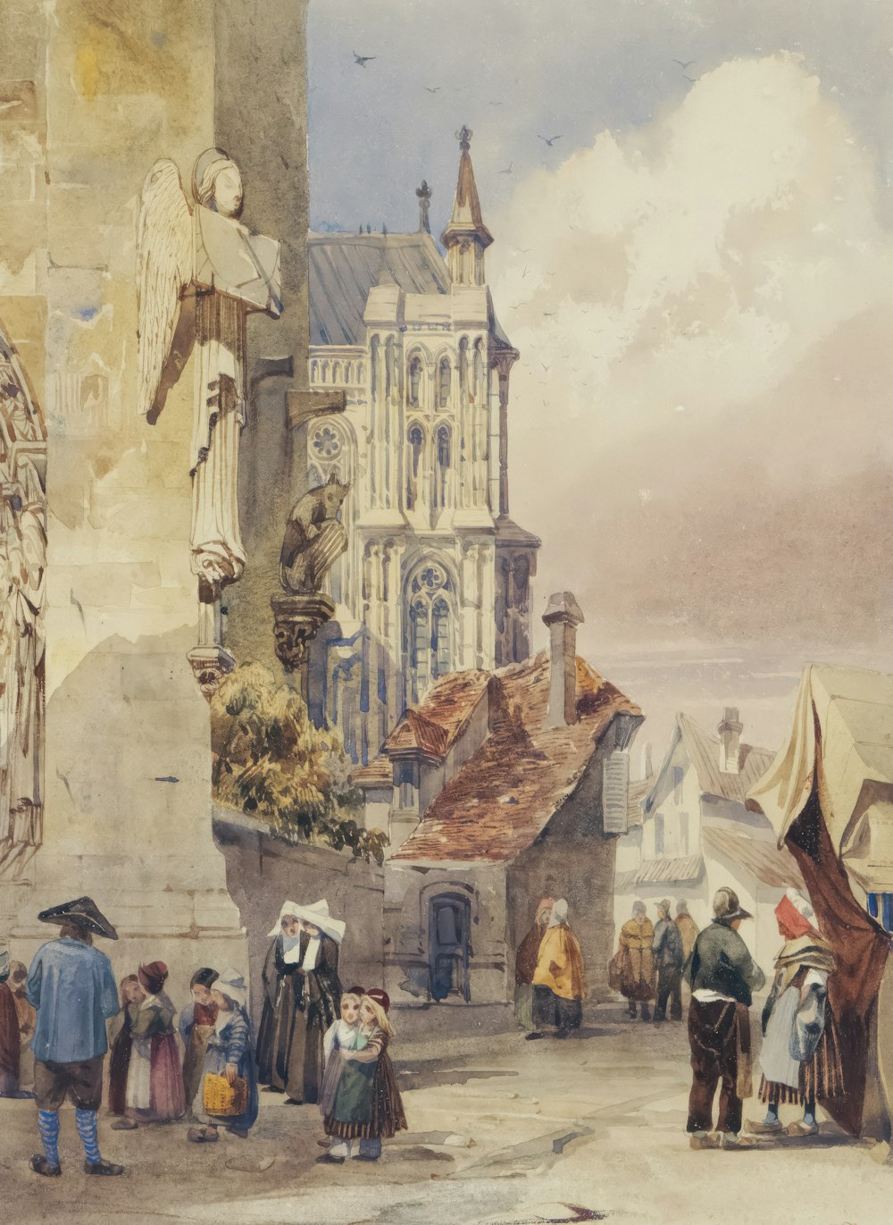 une peinture d’un groupe de personnes debout devant une église