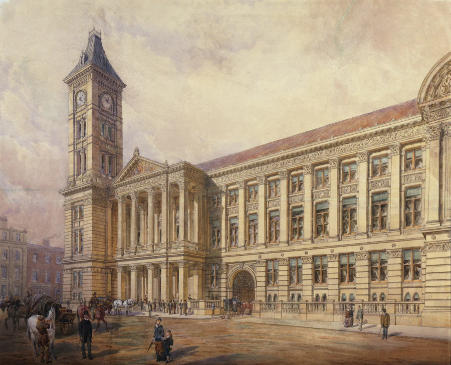 View of Birmingham Museum and Art Gallery and Council House, watercolour by C. Whitwell, 1881