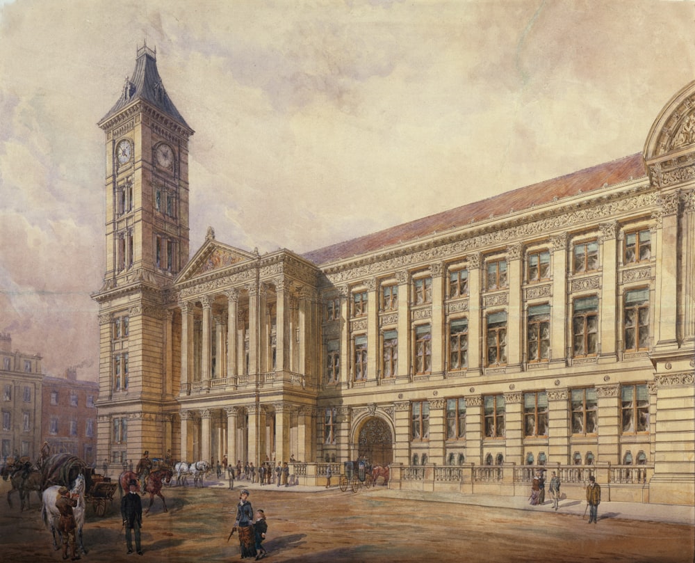 a painting of a large building with a clock tower