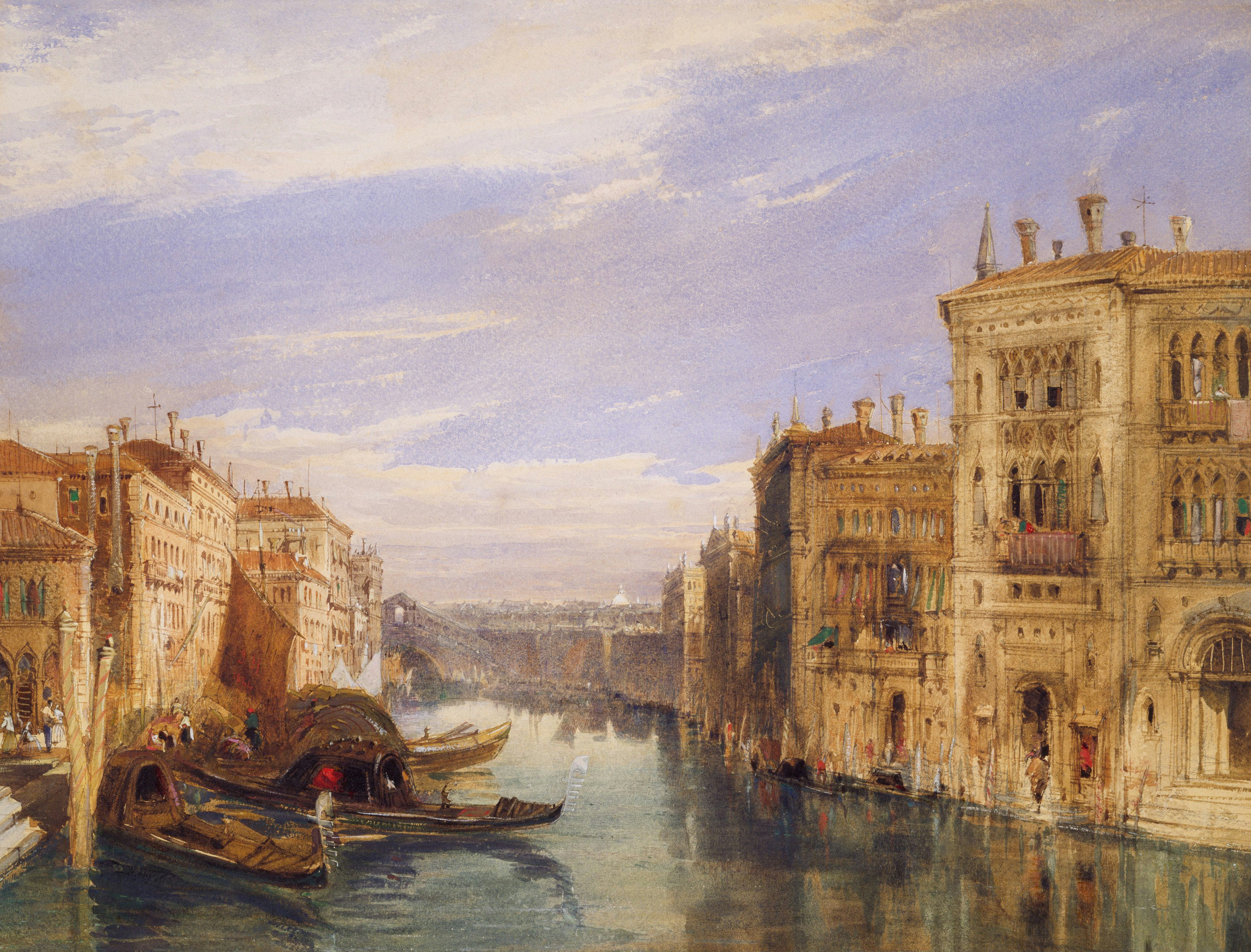 a painting of a canal with a boat in it