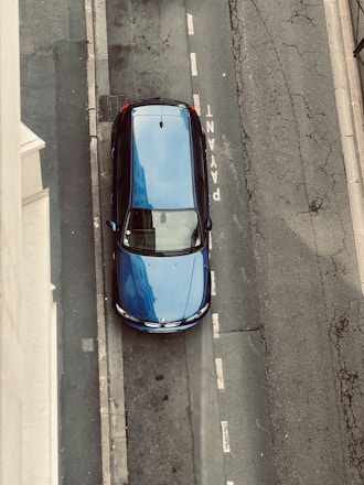 A blue car is parked on the side of a street, seen from an overhead view. The pavement is labeled with the word 'PAYANT' indicating a paid parking area. The surrounding area shows weathered road surfaces with visible cracks and faded lines.