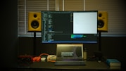 A workspace featuring a large monitor displaying code in front of a window with closed blinds. Below the monitor is a laptop open to a webpage about a developer event. On either side of the monitor are yellow studio speakers. Various items like cables, a microphone, and a book are arranged on the desk.