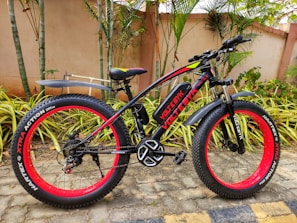 A black and red fat-tire electric bike is parked on a patio with lush greenery and palm plants in the background. It features the brand name 'Voltbik' on the frame and tires, the bike has a sturdy frame and wide handlebars. The ground is paved with stone tiles, and the background wall is a muted beige color.