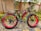 A black and red fat-tire electric bike is parked on a patio with lush greenery and palm plants in the background. It features the brand name 'Voltbik' on the frame and tires, the bike has a sturdy frame and wide handlebars. The ground is paved with stone tiles, and the background wall is a muted beige color.
