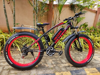 A black and red fat-tire electric bike is parked on a patio with lush greenery and palm plants in the background. It features the brand name 'Voltbik' on the frame and tires, the bike has a sturdy frame and wide handlebars. The ground is paved with stone tiles, and the background wall is a muted beige color.