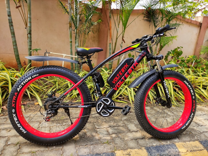 A black and red fat-tire electric bike is parked on a patio with lush greenery and palm plants in the background. It features the brand name 'Voltbik' on the frame and tires, the bike has a sturdy frame and wide handlebars. The ground is paved with stone tiles, and the background wall is a muted beige color.