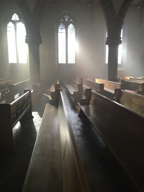 Sunlight filtering through a quiet, peaceful church window with an open Bible on a wooden pew.