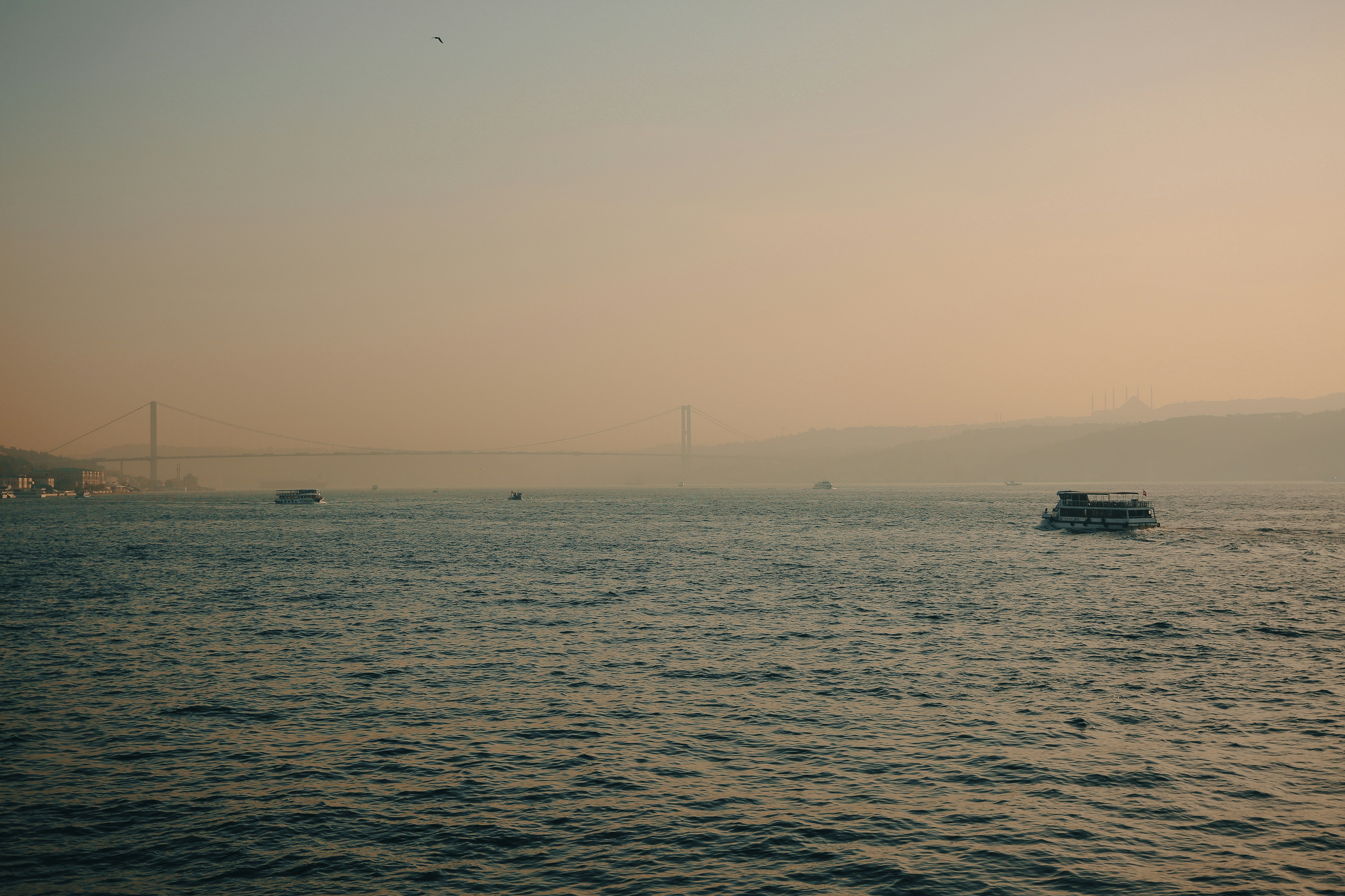 a large body of water with a bridge in the background