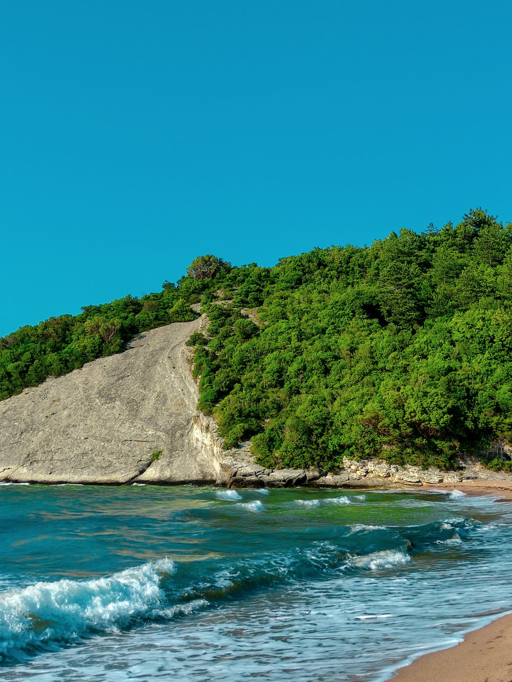 a sandy beach next to a lush green hillside