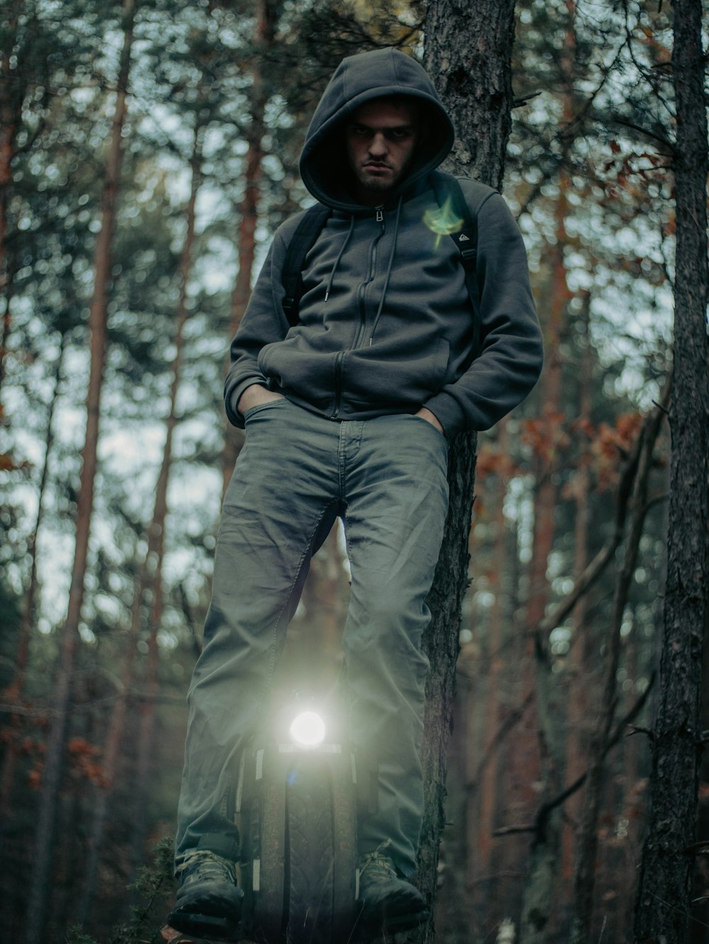 a man standing on top of a bicycle in the woods