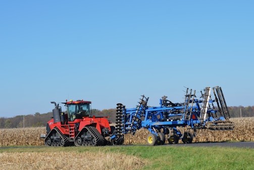 A large red tractor with tracks instead of wheels is pulling a blue agricultural implement through a vast cornfield. The sky is clear and blue, indicating a sunny day. The corn stalks are dry and golden, suggesting the harvest season.