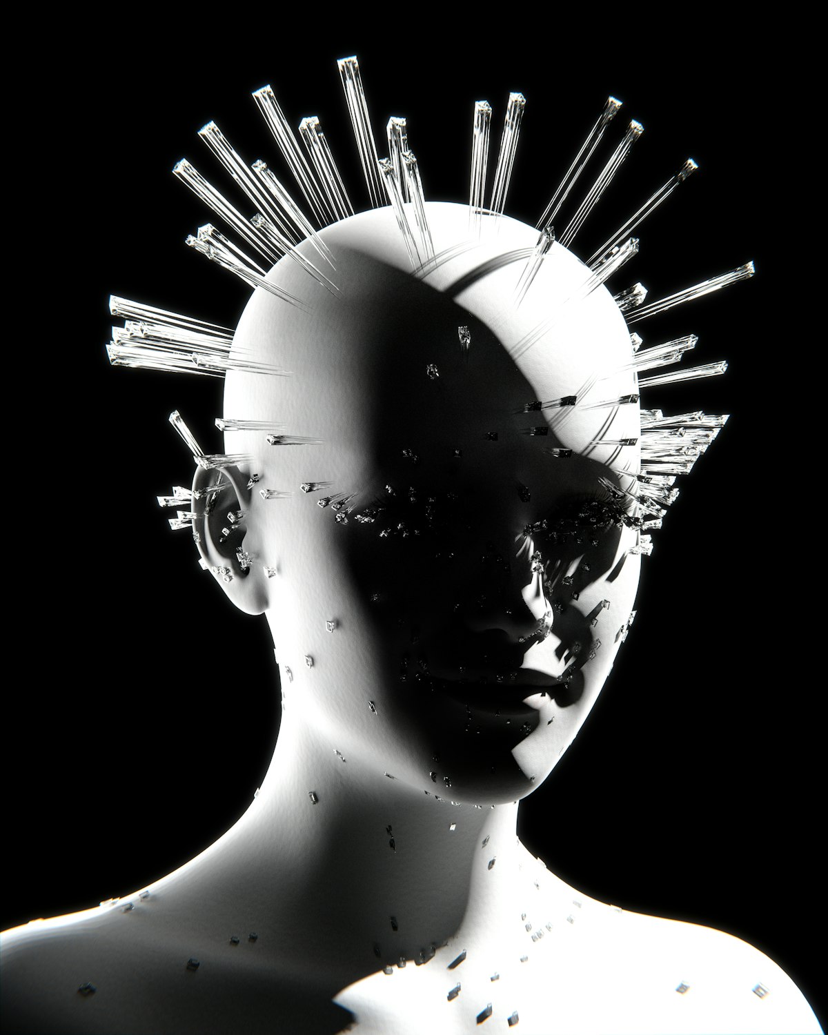 A fractured crystalline head representing ego dissolution and psychological reconstruction after psychedelic experience.