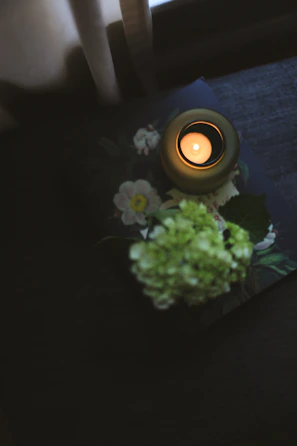 Soft afternoon light filtering through a window onto a coconut wax candle and a book.
