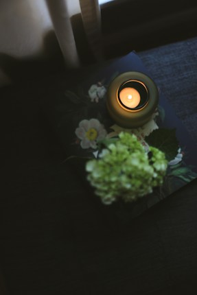 A candle glows softly on a dark surface next to a blurred book featuring floral illustrations and a cluster of green hydrangeas. Light from a nearby window creates subtle shadows.