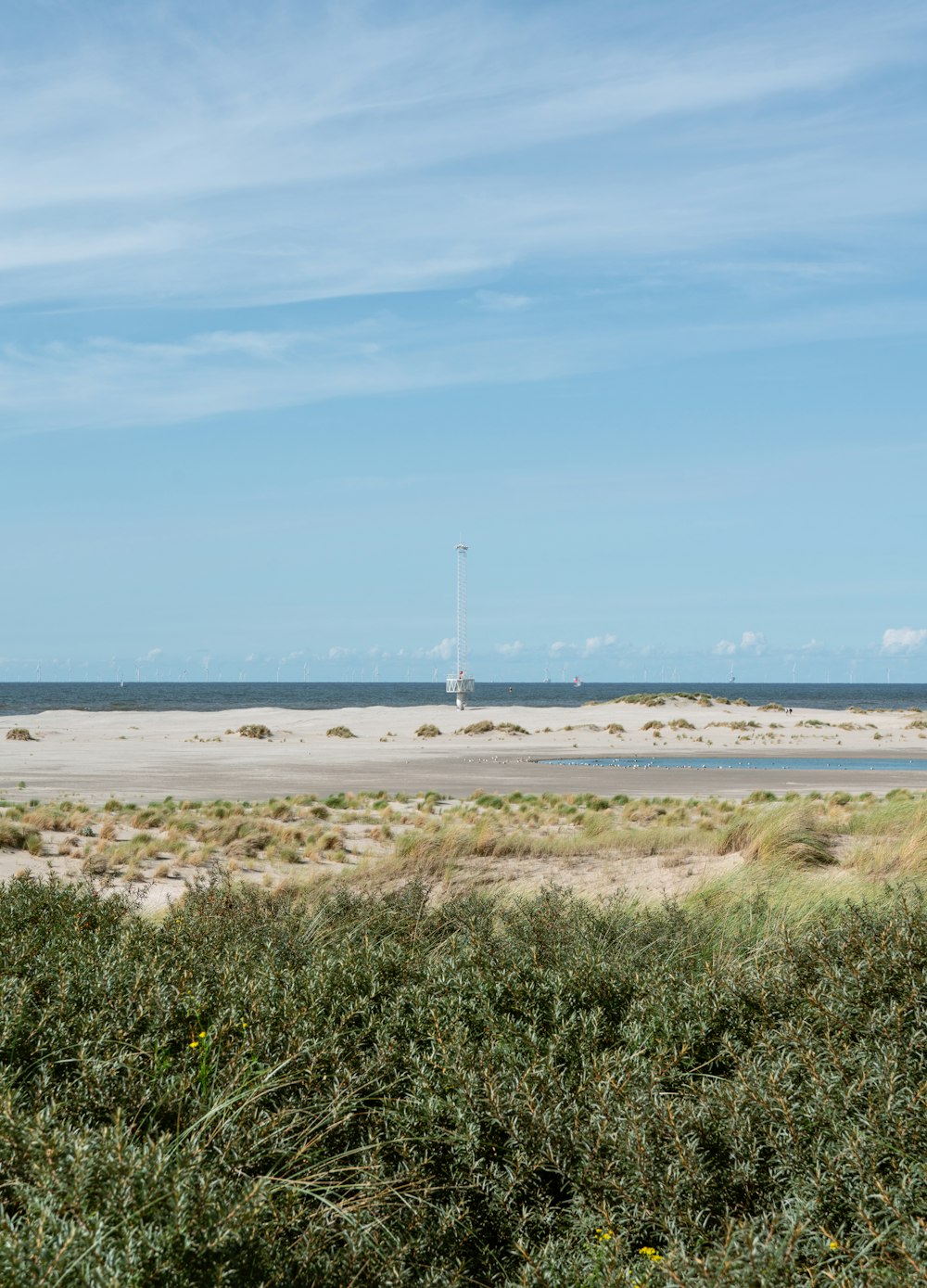 una vista di una spiaggia con un faro in lontananza