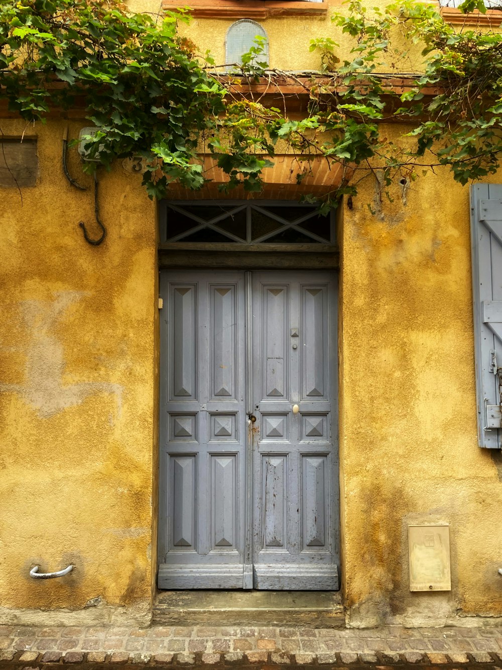 a building with a blue door and two windows