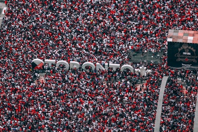 A group of friends wearing Toronto 2026 hats and cheering at an outdoor event.