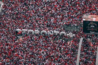 A massive crowd gathers around a large sign spelling 'Toronto' during a celebration. People are predominantly wearing red, interspersed with patches of white and black clothing. The crowd fills the image from edge to edge, and a large screen in the background references a 2019 basketball championship.