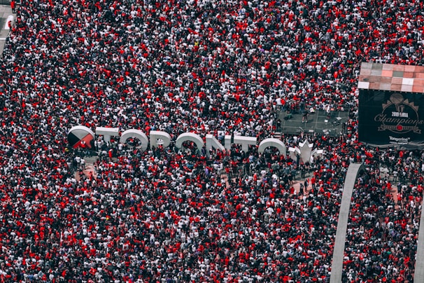 Celebrating a Raptors victory with fellow fans.