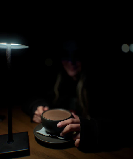 A close-up of weathered hands holding a steaming cup of coffee inside a dimly lit bar.