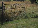 A wooden electric gate with metal accents installed at a countryside property.