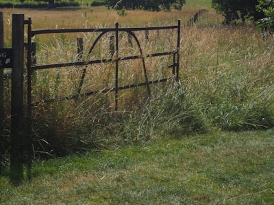 A wooden electric gate with metal accents installed at a countryside property.