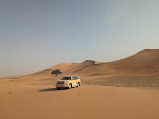 A four-wheel-drive vehicle is parked in a vast desert landscape with rolling sand dunes and a clear sky. A solitary tree stands near the dunes, adding contrast to the sandy environment.