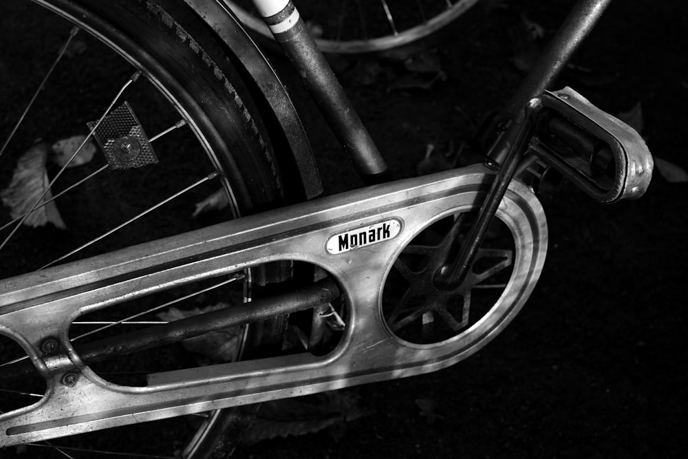 a close up of a bike's front wheel