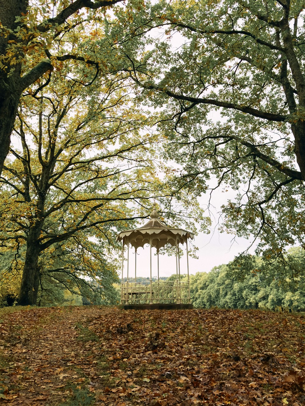 a gazebo in the middle of a park surrounded by trees